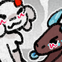 skephalo a drawing of skeppy and badboyhalo from dream smp lore, as both human (ish) in the background, and little animals in the foreground. bad is a puppy demon and skeppy is a dragon. they are holding hands in the human version